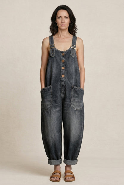 Relaxed Denim Jumpsuit for Women, Soft Long-Sleeve Wide-Leg with Pockets, for Weekend, Casual & Everyday Wear