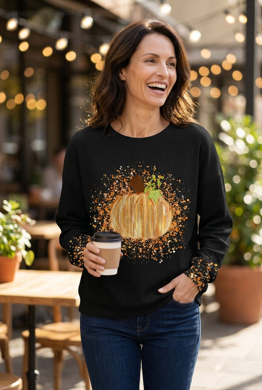 Cozy Pumpkin Art Sweatshirt for Women, Soft Relaxed-Fit Graphic Print, for Fall, Autumn, Holiday & Everyday Wear