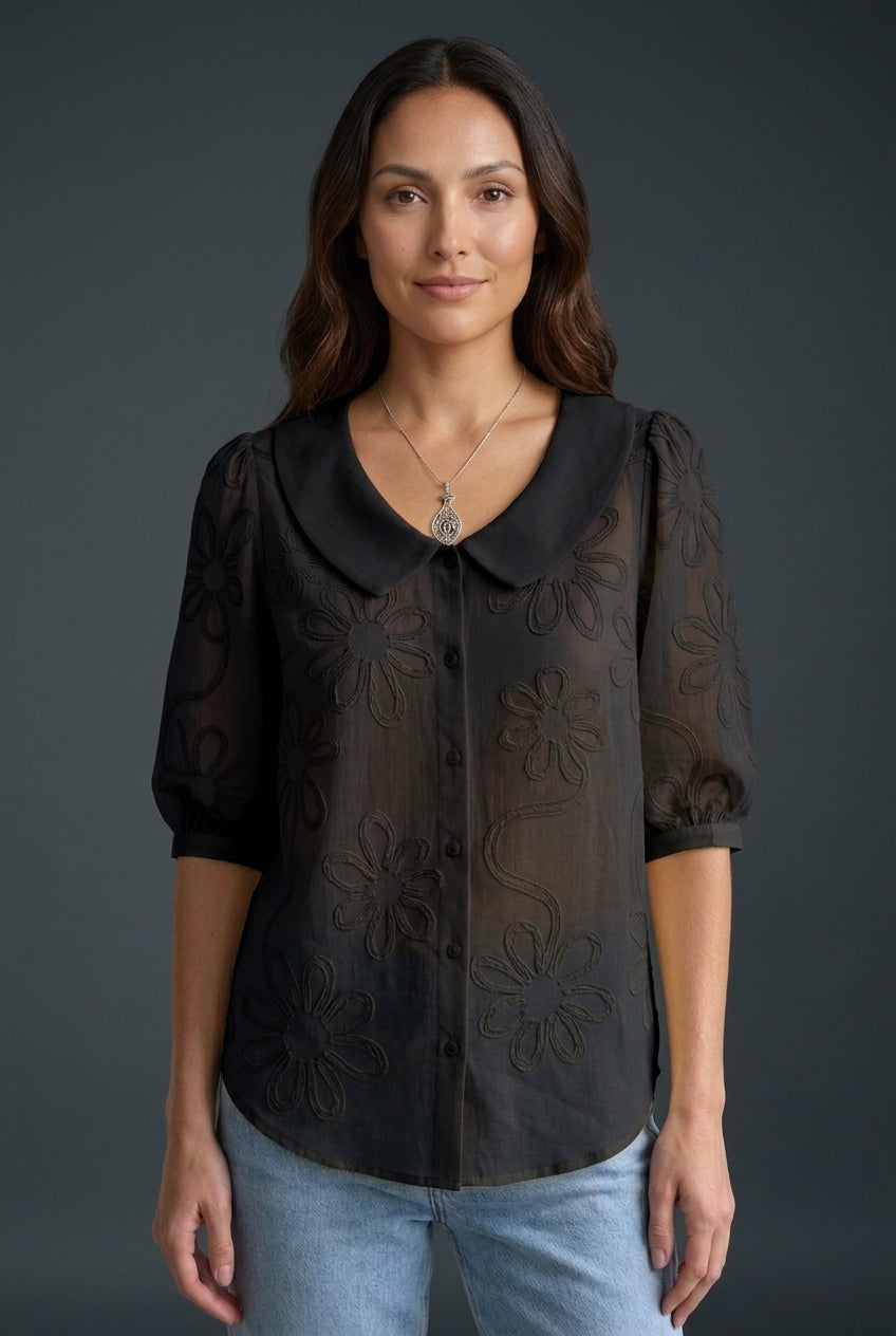 Embroidered Floral Blouse for Women, Cotton Blend Short-Sleeve Round Neckline Button-Down, for Work, Casual, Everyday & 