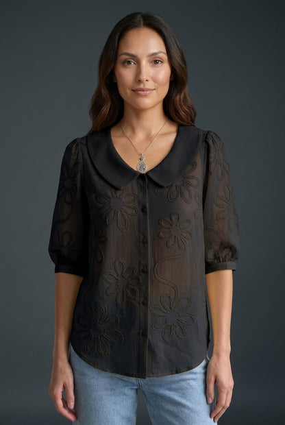 Embroidered Floral Blouse for Women, Cotton Blend Short-Sleeve Round Neckline Button-Down, for Work, Casual, Everyday & 