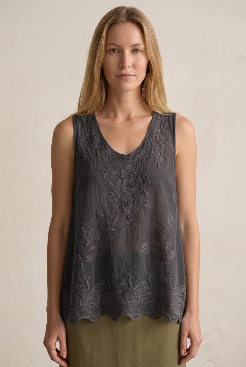 Embroidered Tank Top for Women, Sleeveless Round Neck Polyester Spandex Relaxed Fit Scalloped Hem, for Summer, Casual & 