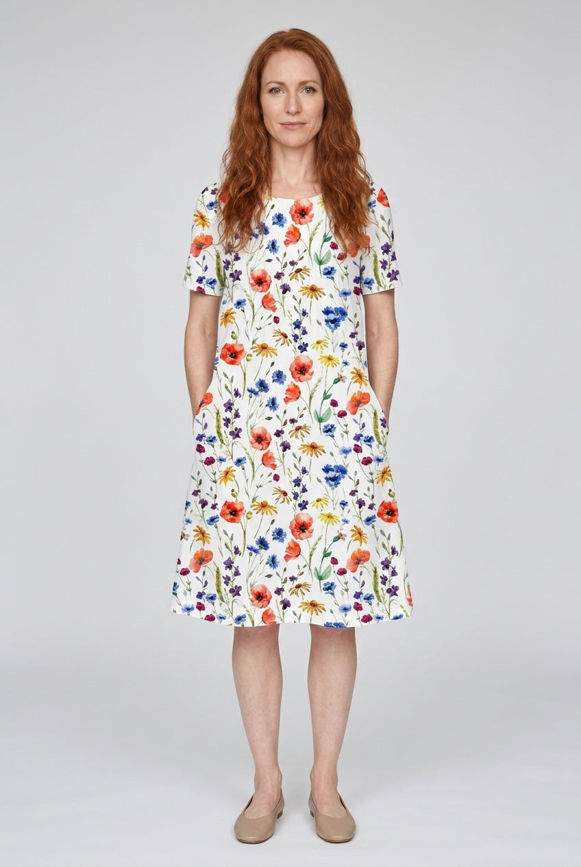Elegant Round Neck Floral Dress for Women, Printed Layered Soft Fabric, for Everyday, Work, Special Occasions & Versatil