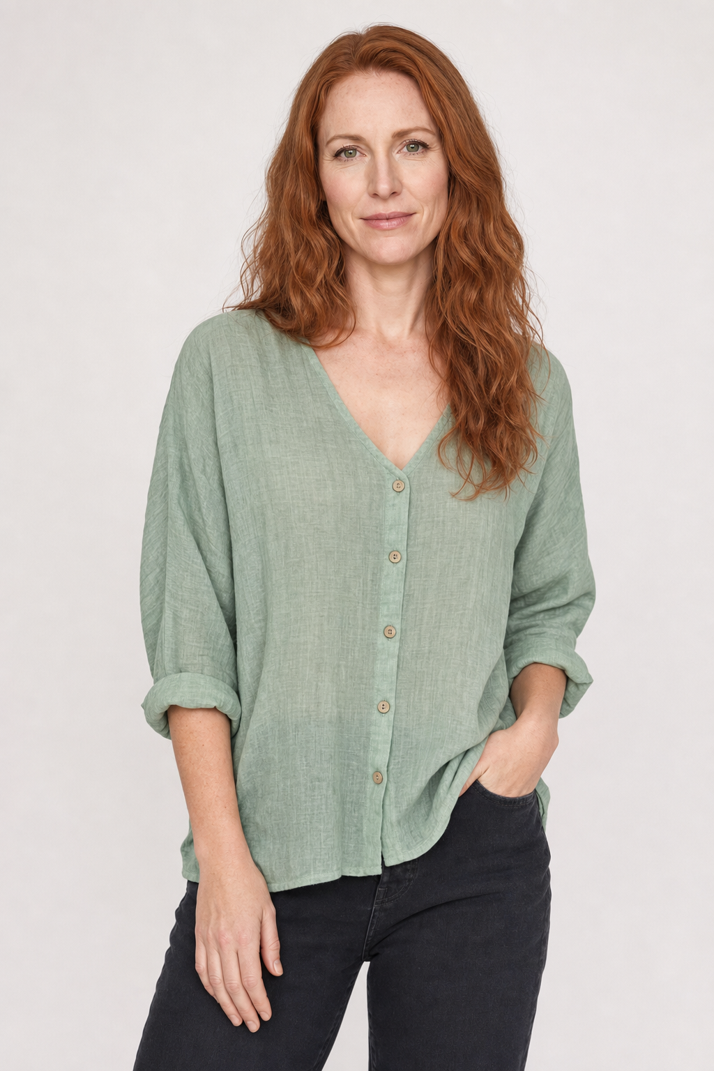 Rina | Women's Casual Cotton V-Neck Button-Front Three-Quarter Sleeve Top