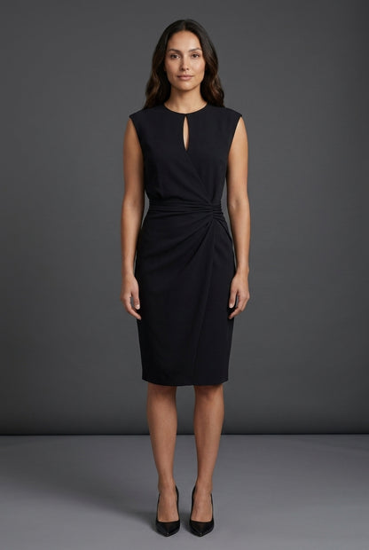 Elegant Midi Dress for Women, Keyhole Neckline Ruched Waist Flowing, for Work, Dinner, Parties & Everyday