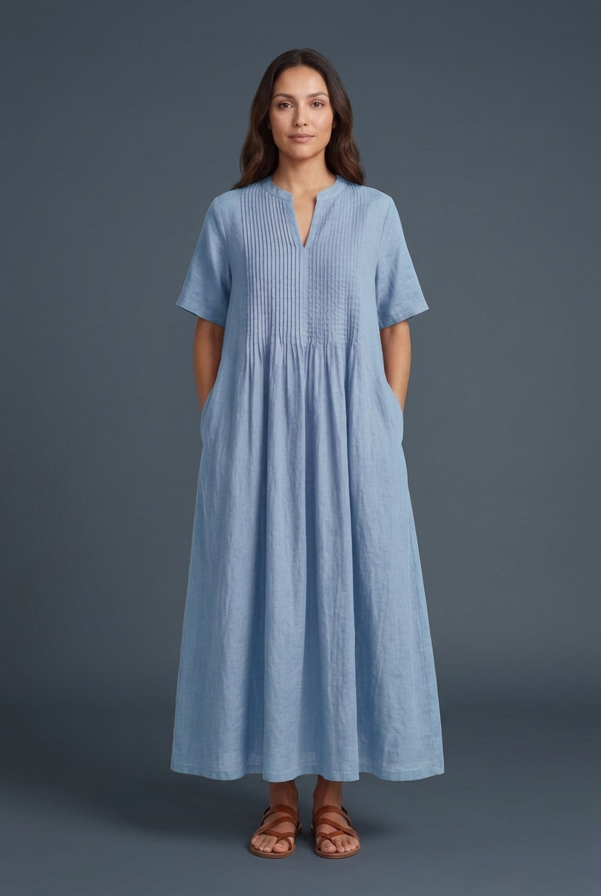Elegant V-Neck Midi Dress for Women, Pleated Mid-Sleeve Flowing Silhouette, for Summer, Dinners, Celebrations & Everyday