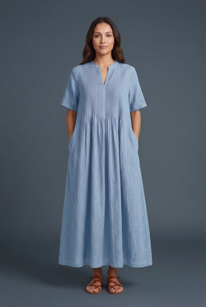 Elegant V-Neck Midi Dress for Women, Pleated Mid-Sleeve Flowing Silhouette, for Summer, Dinners, Celebrations & Everyday