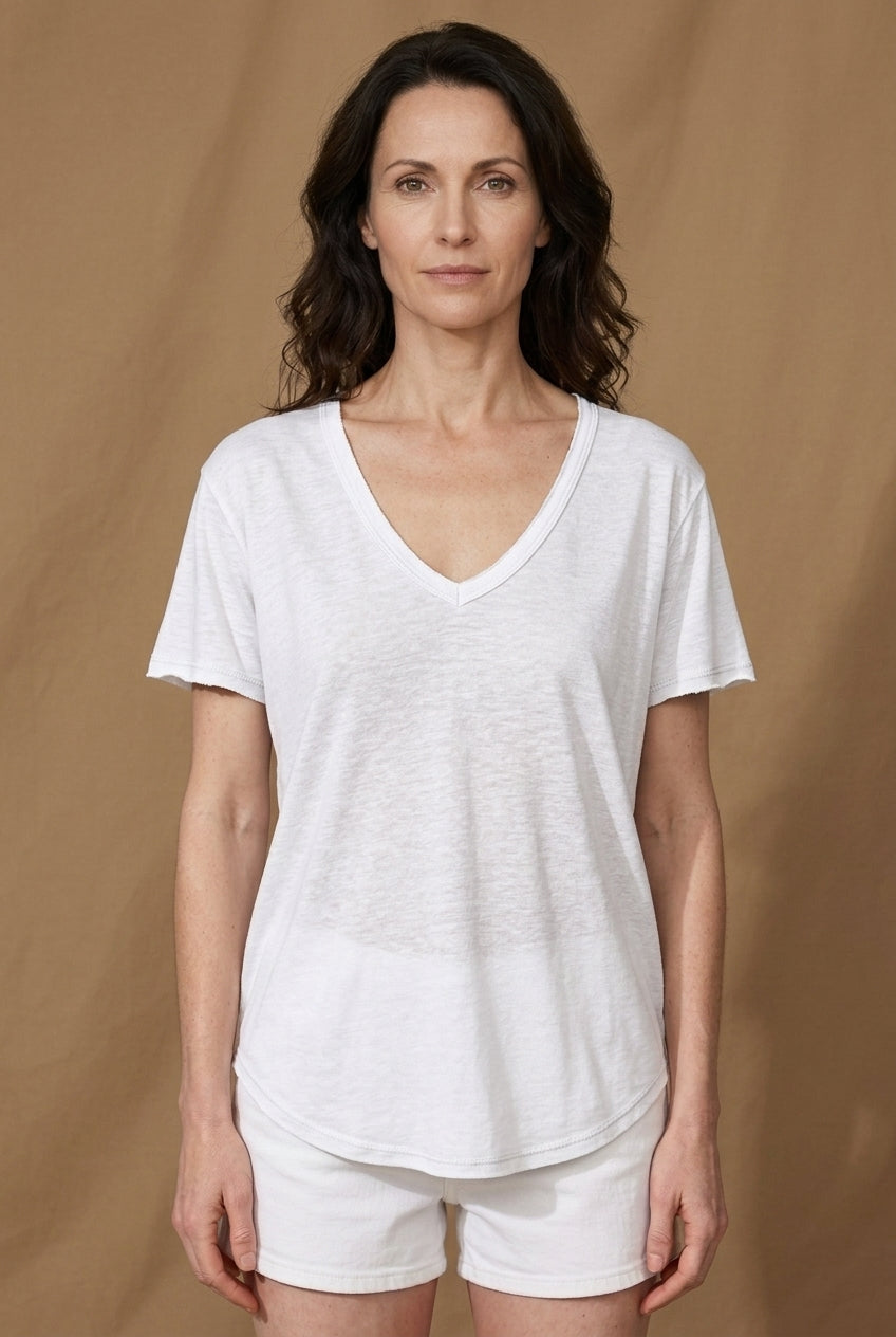 Relaxed V-Neck Short Sleeve Tee for Women, Rayon Polyester Breathable Plain, for Summer, Casual & Everyday Wear