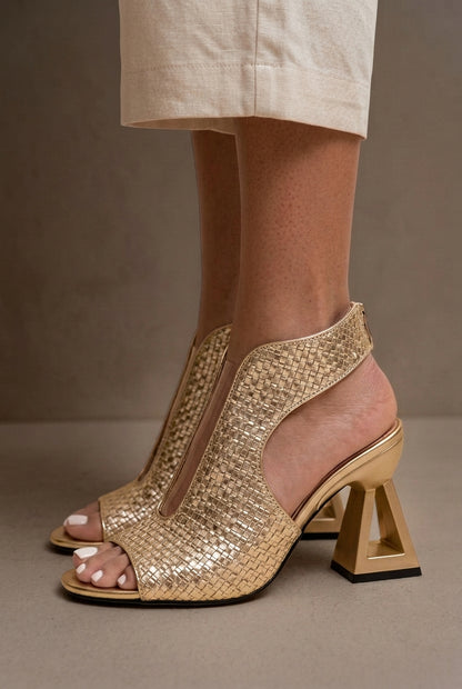Elegant Geometric Heels for Women, Woven Textured Open-Toe Slip-On with Sculptural Heel, for Dinners, Events, Weddings &