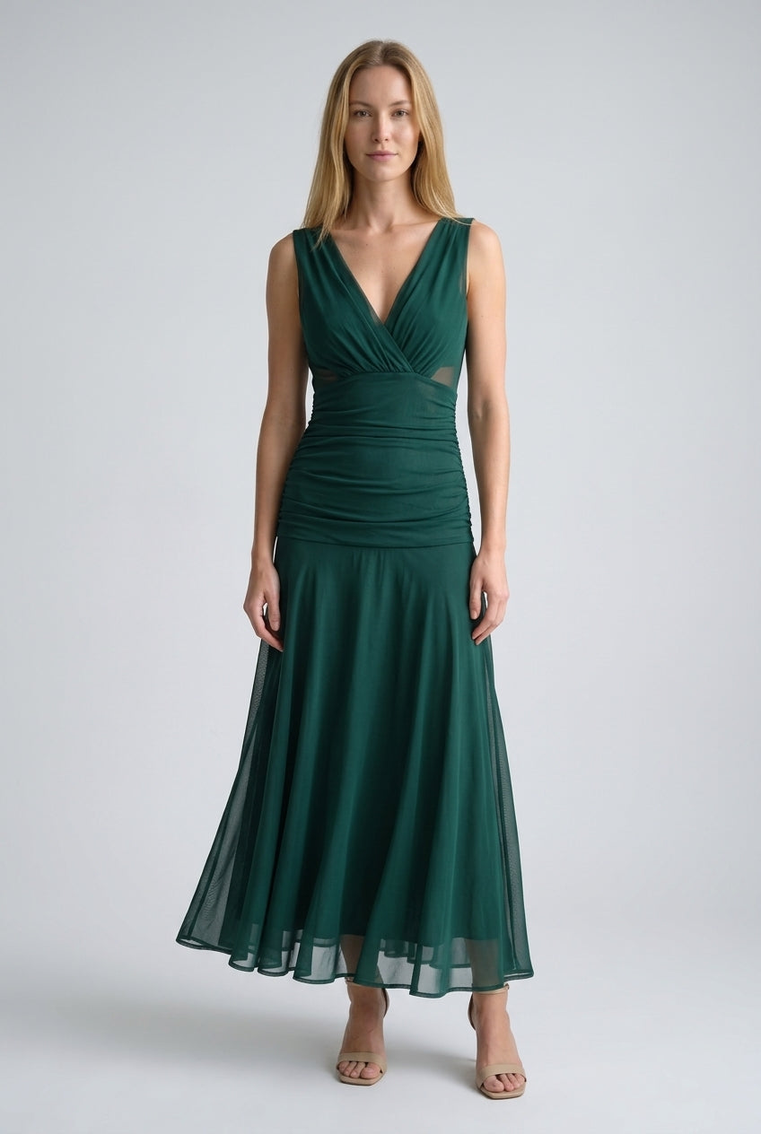 Elegant V-Neck Party Maxi Dress for Women, Pleated Waist Flowing Gradient, for Special Events, Weddings & Evening Wear