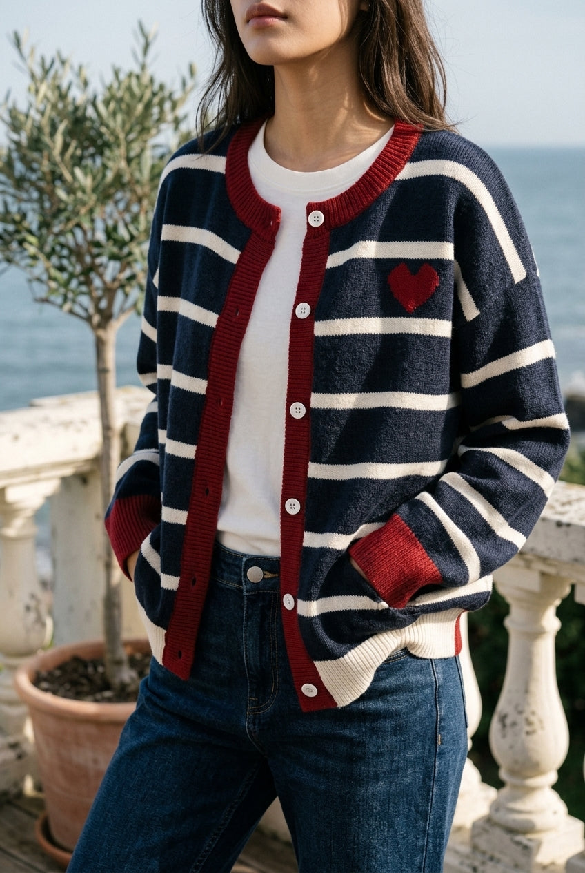 Drora | Striped Heart Pattern Cardigan