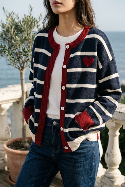 Drora | Striped Heart Pattern Cardigan
