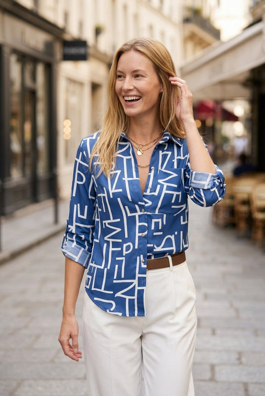 Classic Collared Printed Blouse for Women, Soft Breathable Long-Sleeve, for Work, Office, Casual & Everyday Wear