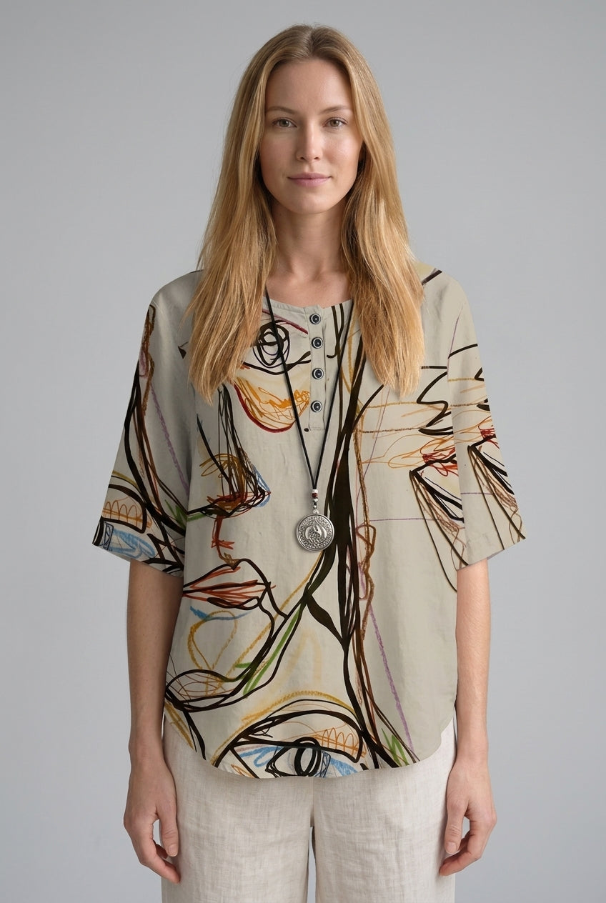 Relaxed Boho Top for Women, Mixed-Print Summer Lightweight, for Casual, Everyday & Vacation Wear