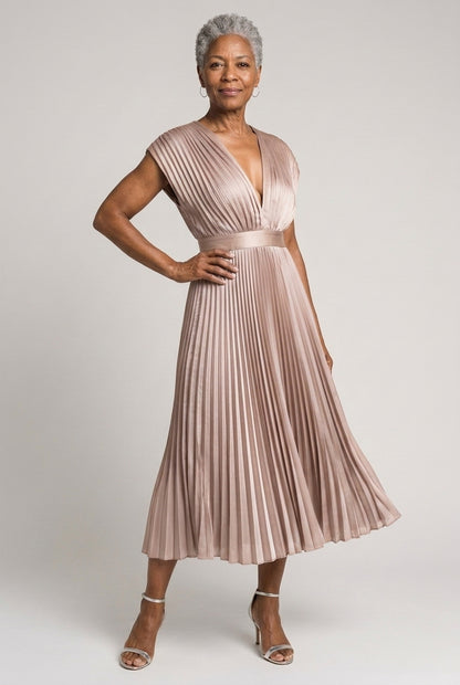 Nicoletta Vera | Pleated Midi Dress with Tie Belt