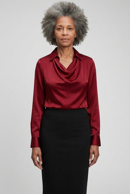 Elegant Satin Blouse for Women, Soft Drape Neckline Feminine Cut, for Work, Dinner, Evening & Everyday Wear