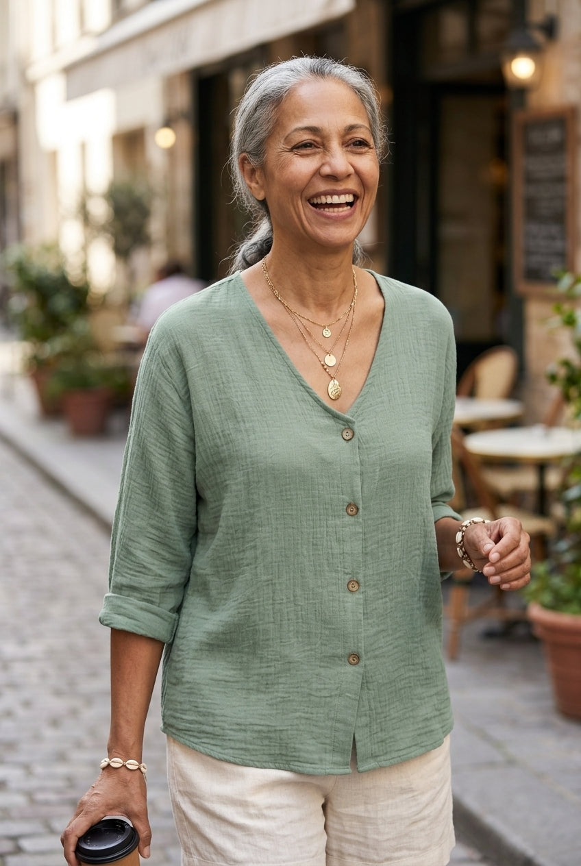 Casual Relaxed Button-Up Blouse for Women, V-Neck Roll Sleeve, for Everyday, Brunch, Weekend & Casual Wear