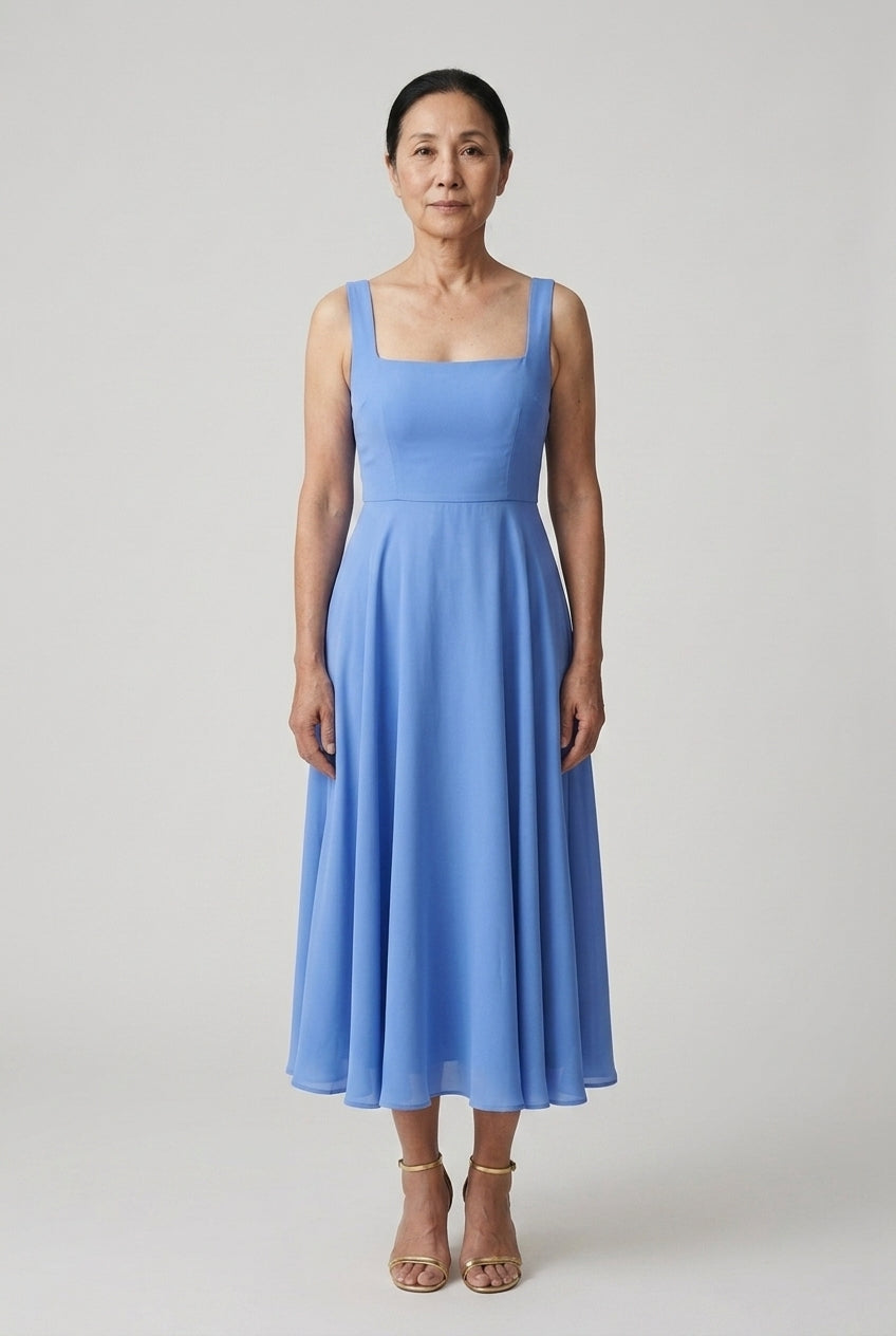 Elegant Sleeveless Square Midi Dress for Women, Tailored Bodice Flowing Skirt, for Weddings, Formal Events, Brunch & Spe