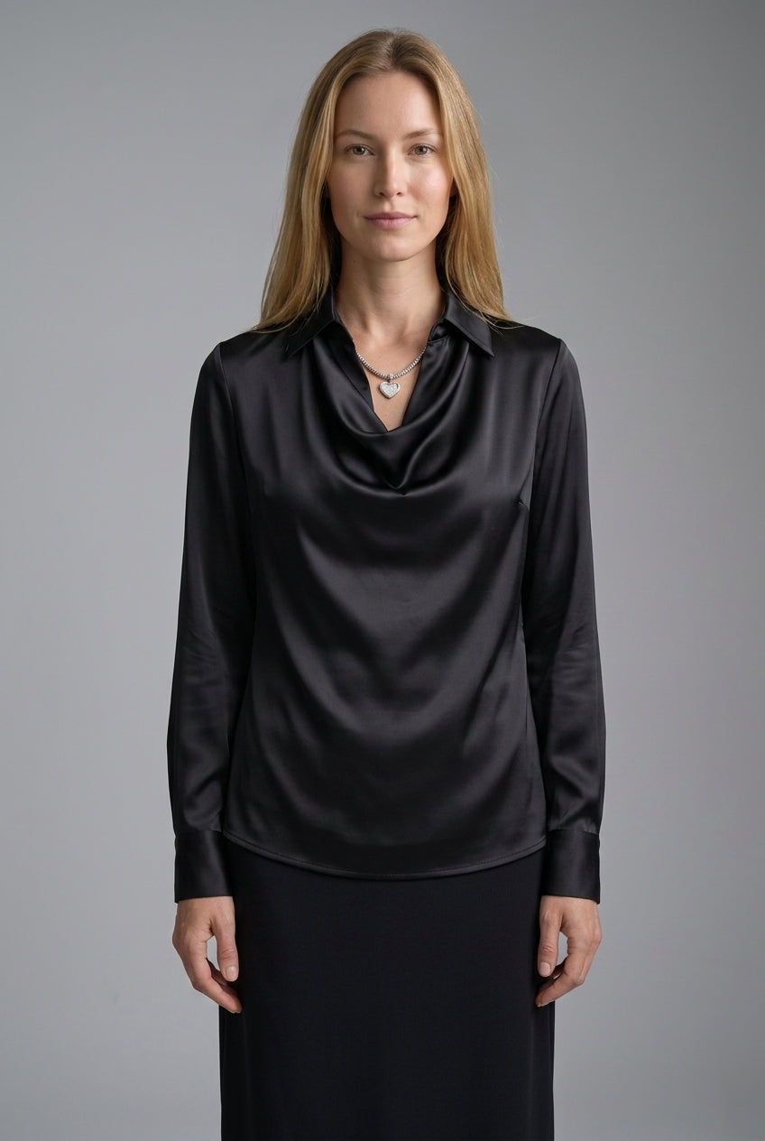 Elegant Draped Neckline Satin Blouse for Women, Long-Sleeve Tailored with Collar Detail, for Work, Office, Evening & Eve