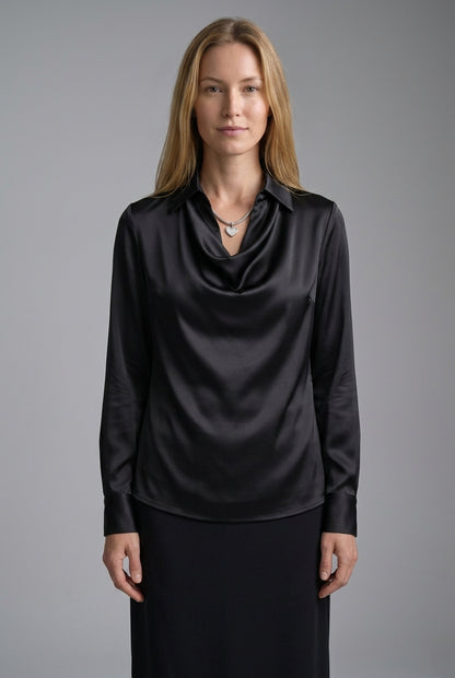 Elegant Draped Neckline Satin Blouse for Women, Long-Sleeve Tailored with Collar Detail, for Work, Office, Evening & Eve