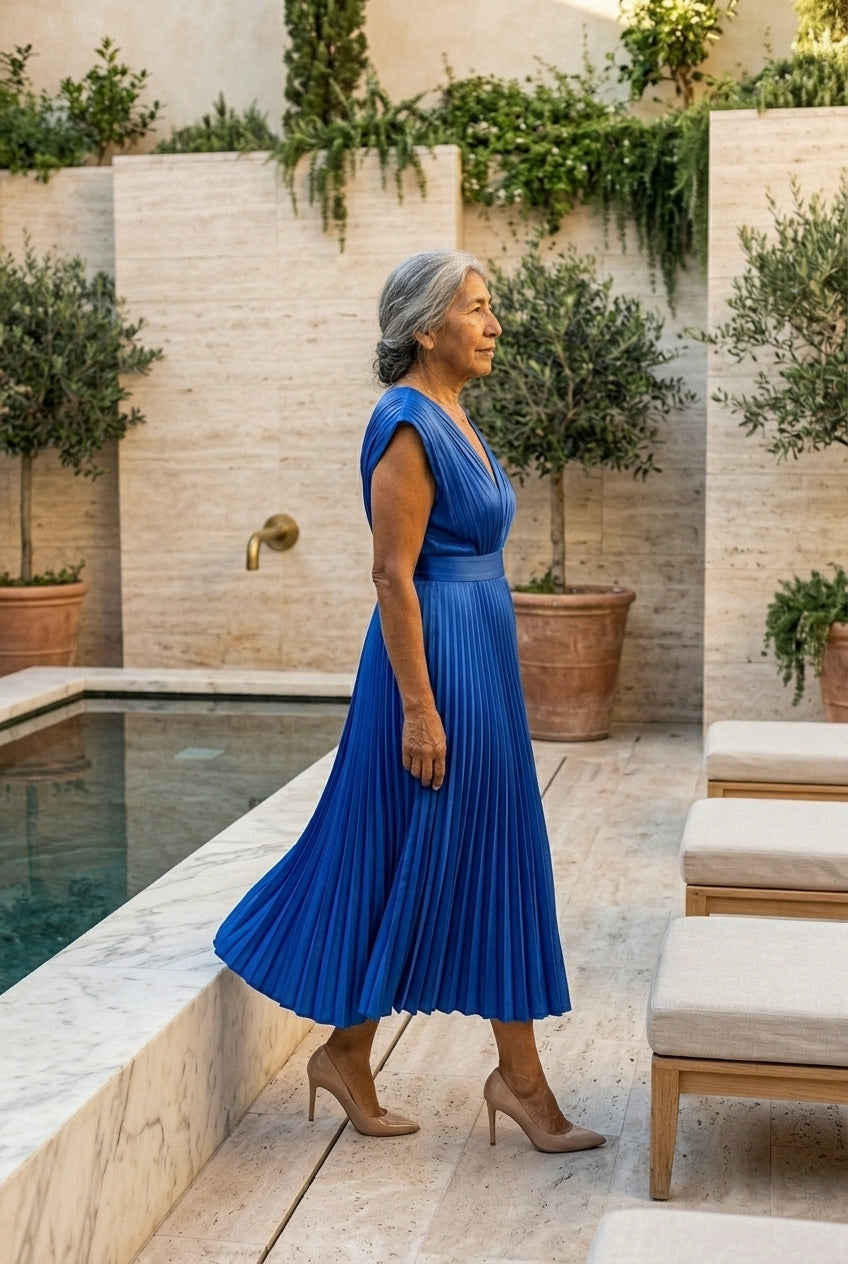 Nicoletta Vera | Pleated Midi Dress with Tie Belt