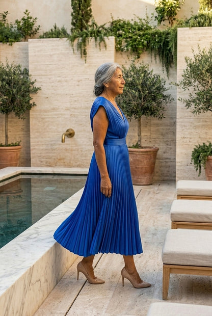 Nicoletta Vera | Pleated Midi Dress with Tie Belt