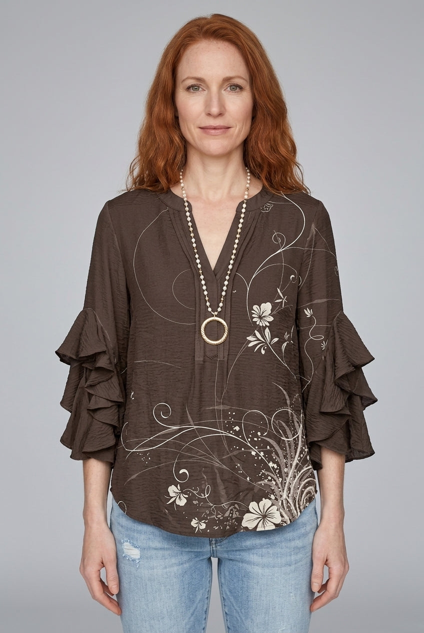 Elegant Ruffle Sleeve Blouse for Women, Floral Print Lightweight Relaxed Fit, for Work, Brunch, Casual & Everyday Wear