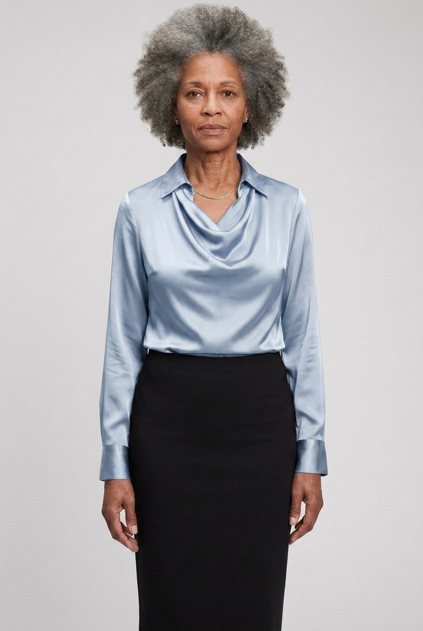 Elegant Satin Blouse for Women, Soft Drape Neckline Feminine Cut, for Work, Dinner, Evening & Everyday Wear