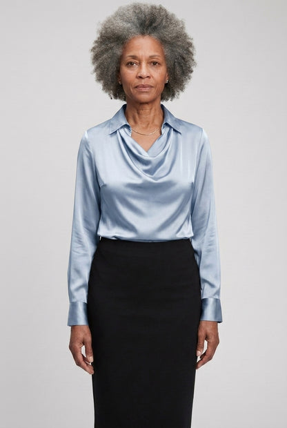 Elegant Satin Blouse for Women, Soft Drape Neckline Feminine Cut, for Work, Dinner, Evening & Everyday Wear
