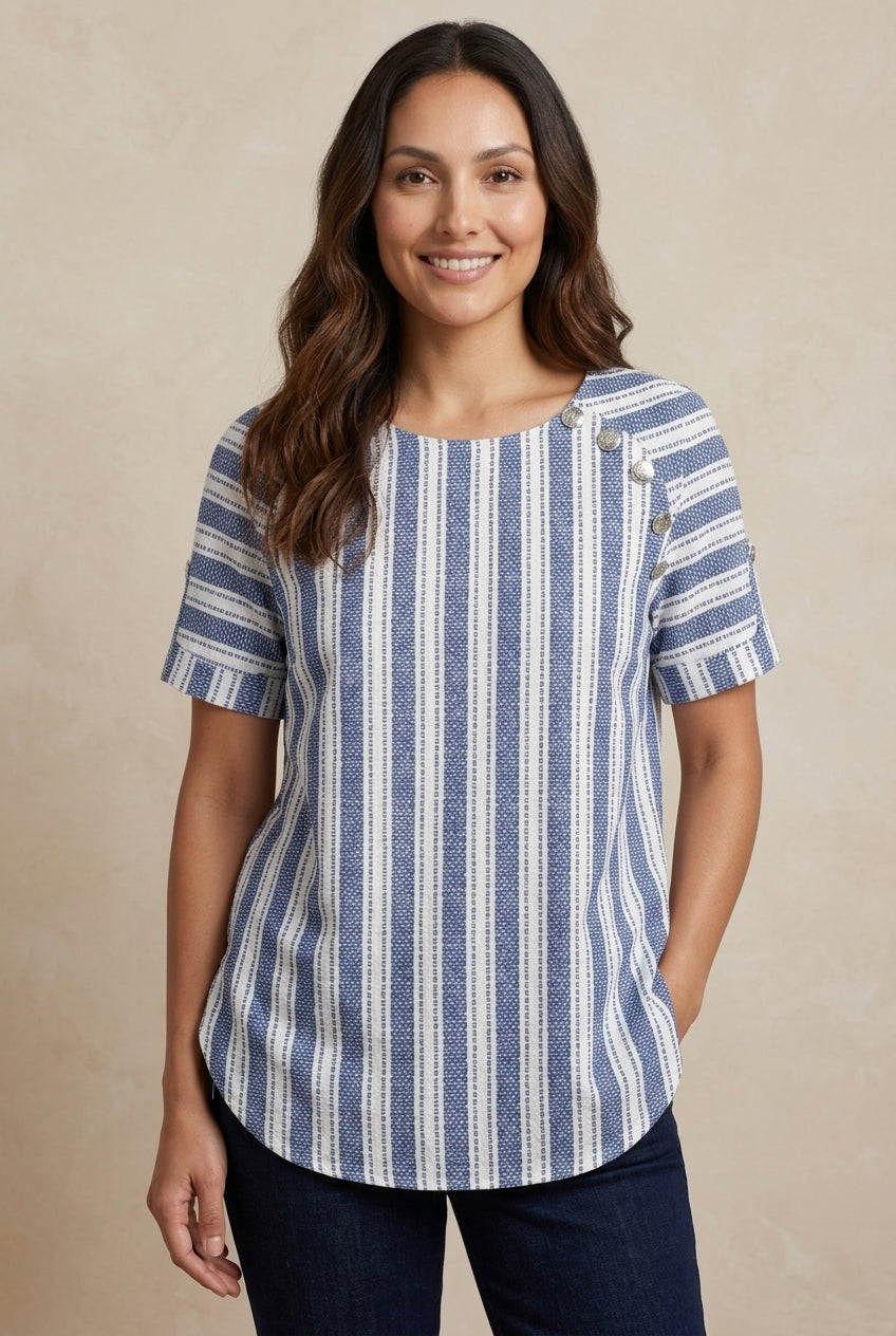 Casual Striped Blouse for Women, Cotton-Polyester Short-Sleeve Round Neck, for Summer, Spring & Everyday Wear