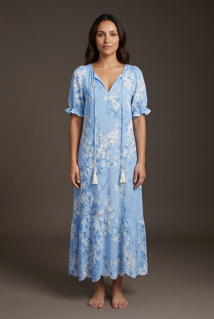 Boho V-Neck Summer Dress for Women, Flowing Vintage-Inspired Pattern Relaxed Fit, for Vacation, Brunch, Date Night & Eve