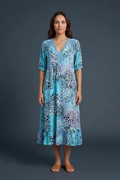 Vibrant Pattern Midi Dress for Women, Flowing Silhouette with Bold Print, for Work, Brunch, Date Night & Everyday Wear