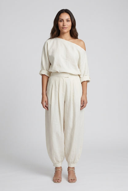 Elegant Off-Shoulder 2-Piece Set for Women, Relaxed Tapered Trousers Long-Sleeve, for Casual, Everyday Wear & Weekend Ou