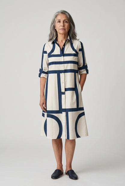 Sophisticated Pattern Collar Midi Dress for Women, Fluid Relaxed Silhouette with Graceful Drape, for Work, Brunch, Date 