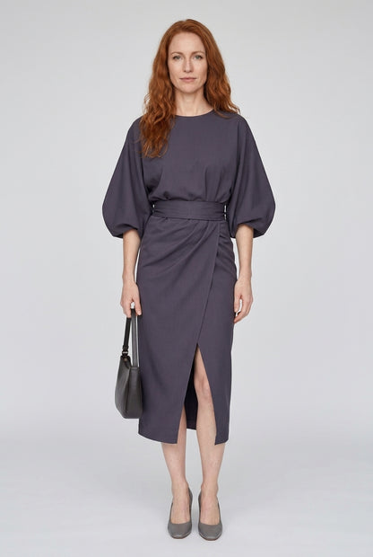 Elegant Lantern Sleeve Dress for Women, Lightweight Flowing Fabric Waist-Defining Belt, for Formal Events, Celebrations 