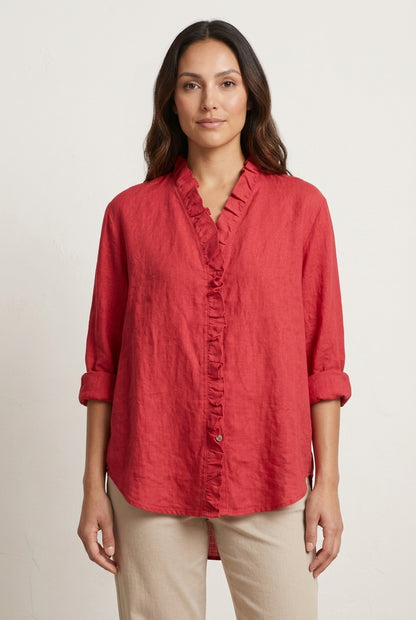 Casual Ruffle V-Neck Blouse for Women, Cotton-Linen Blend Lightweight Relaxed Fit, for Everyday Wear, Office & Smart-Cas