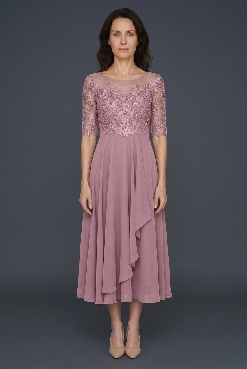 Elegant Evening Dress for Women, Fluid Draped Long-Sleeve Refined Neckline, for Formal Occasions, Dinners & Weddings
