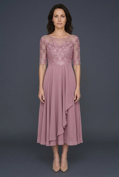 Elegant Evening Dress for Women, Fluid Draped Long-Sleeve Refined Neckline, for Formal Occasions, Dinners & Weddings