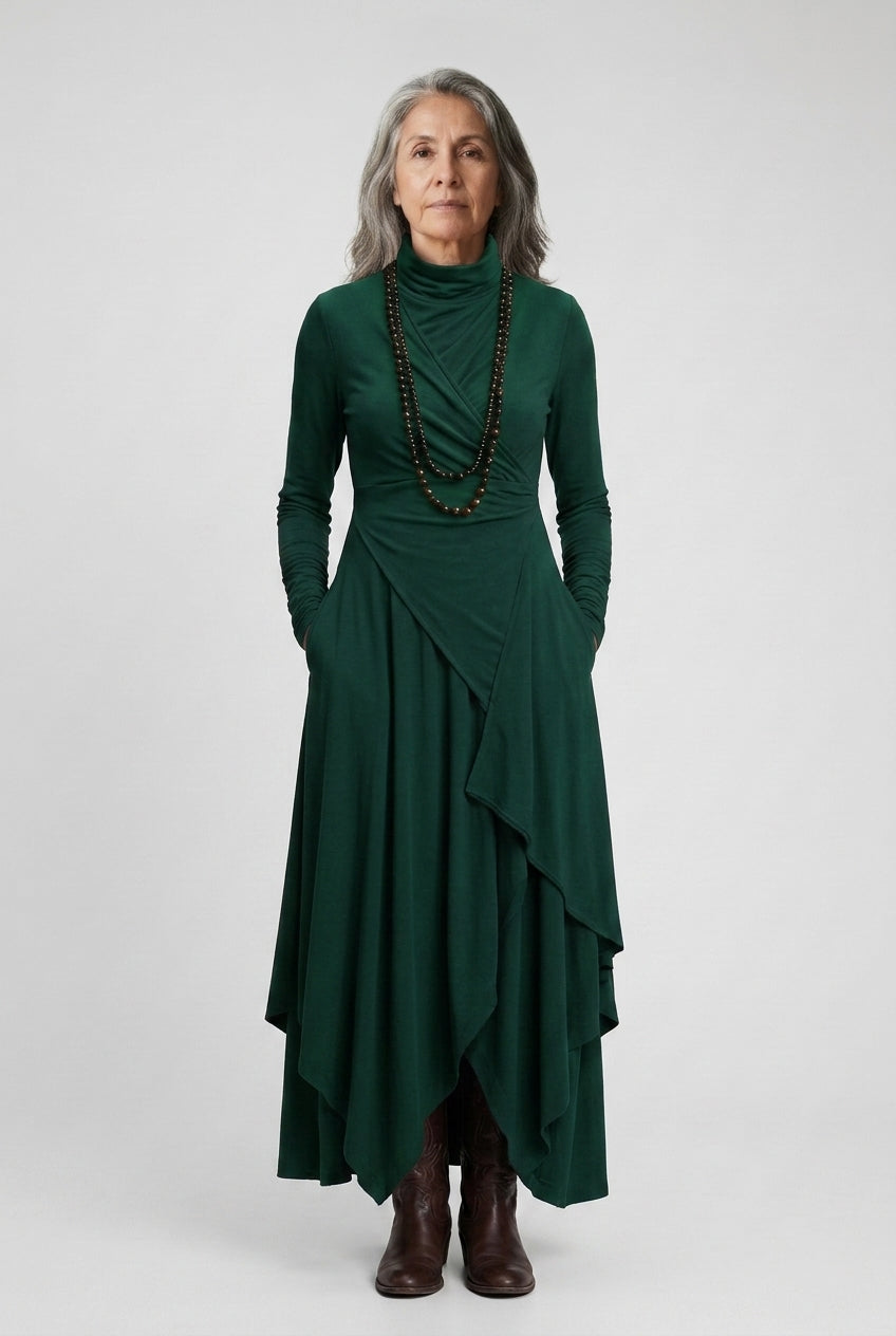 Elegant High Neck Maxi Dress for Women, Flowing Layered Long-Sleeve, for Formal Events, Wedding Guest & Everyday Wear