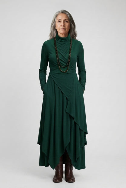 Elegant High Neck Maxi Dress for Women, Flowing Layered Long-Sleeve, for Formal Events, Wedding Guest & Everyday Wear