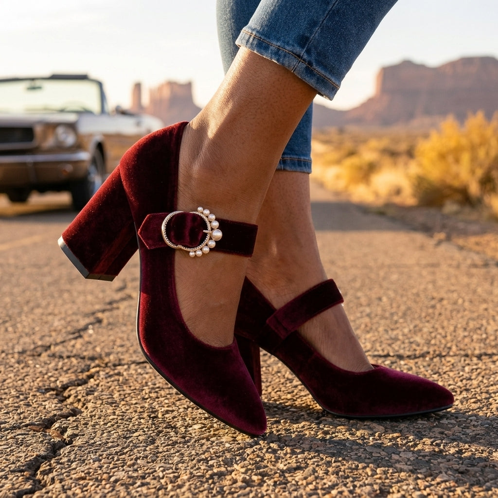 Emmeline Roxane | Velvet Pearl-Accent Heels