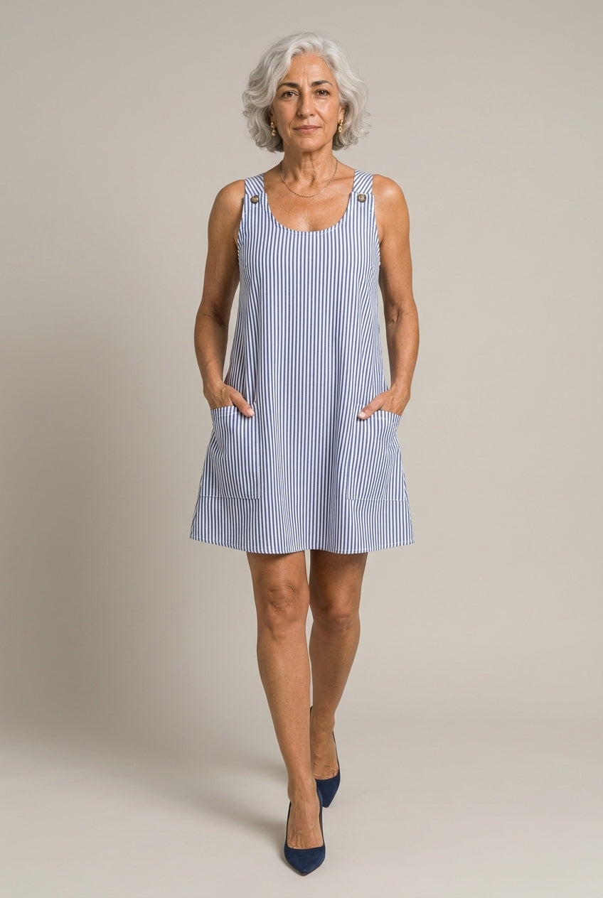 Fabienne Lisette | Striped Button-Strap Mini Dress