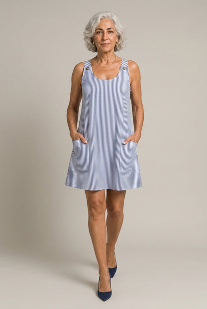 Fabienne Lisette | Striped Button-Strap Mini Dress