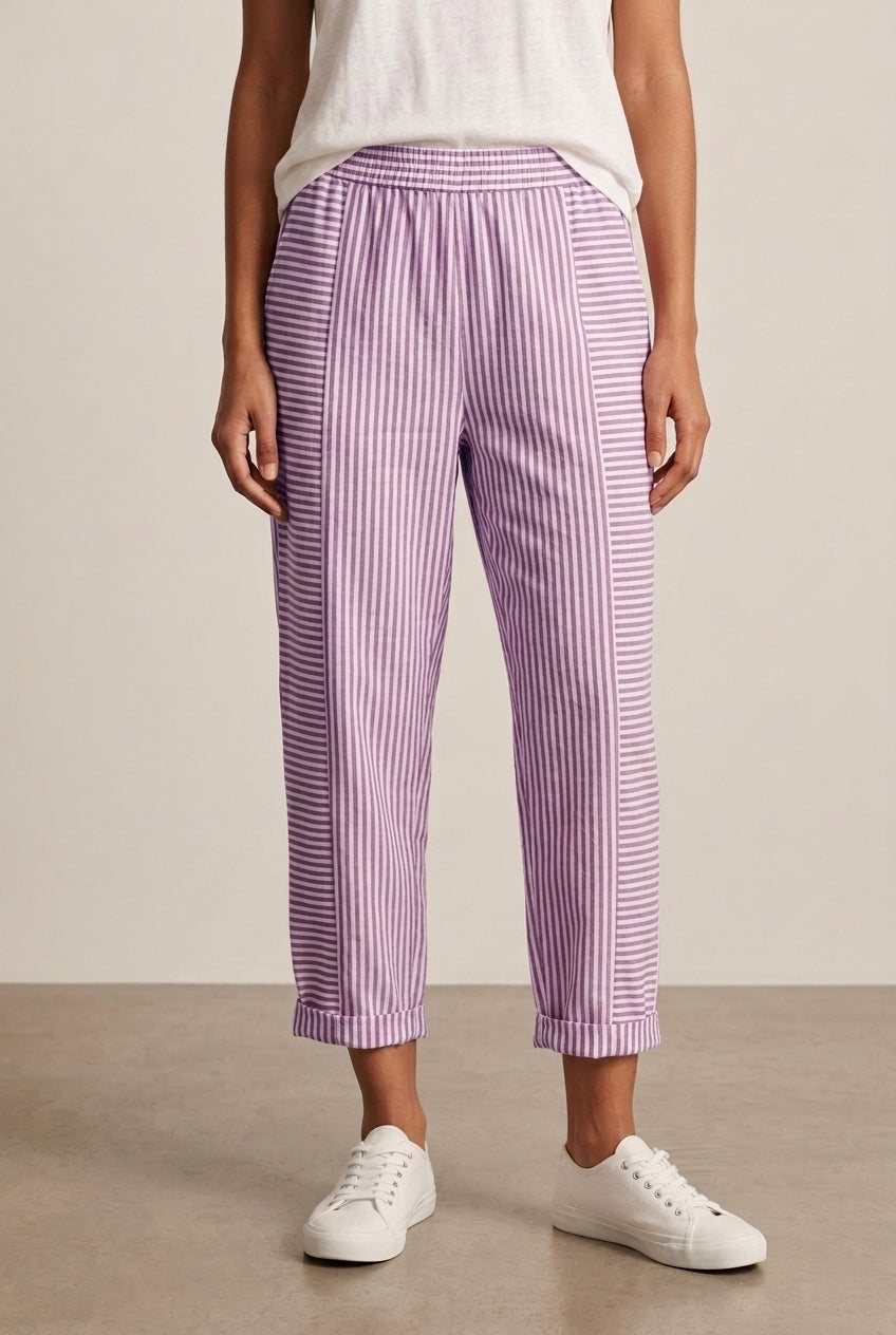 Relaxed Striped Summer Pants for Women, Lightweight Breathable Tapered with Elastic Waistband, for Travel, Casual & Ever
