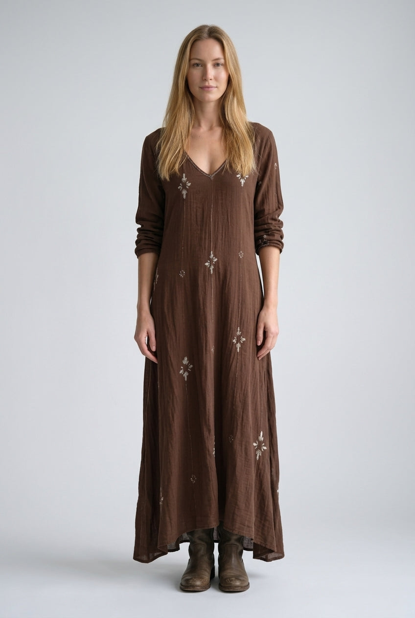 Vintage Long Sleeve Dress for Women, Cotton Blend V-Neck Relaxed Fit Flowing, for Casual, Spring, Summer & Everyday Wear