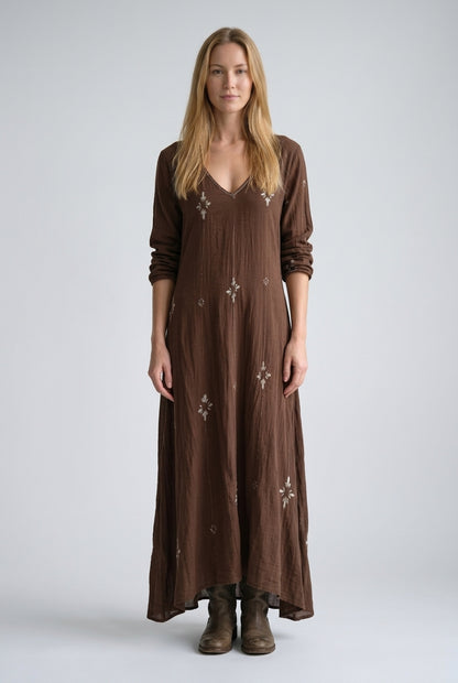 Vintage Long Sleeve Dress for Women, Cotton Blend V-Neck Relaxed Fit Flowing, for Casual, Spring, Summer & Everyday Wear