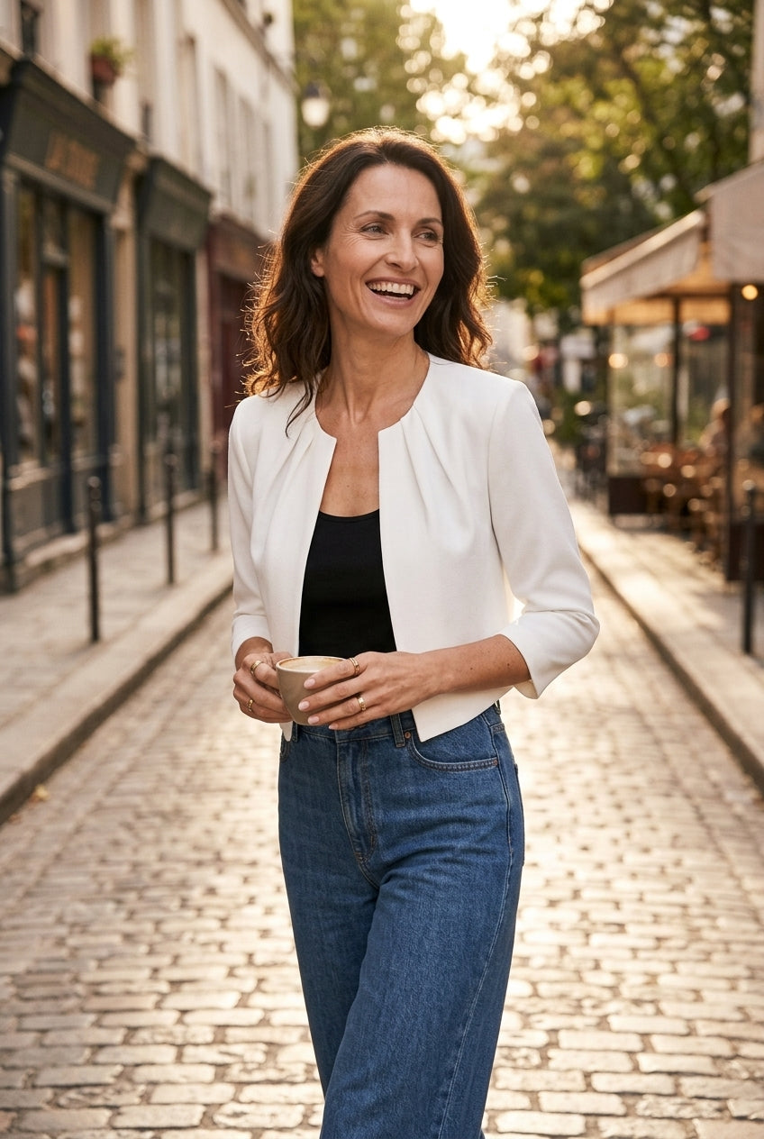Thea | Women's Open Front Cropped Blazer Jacket with 3/4 Sleeve and Tailored Structured Fit