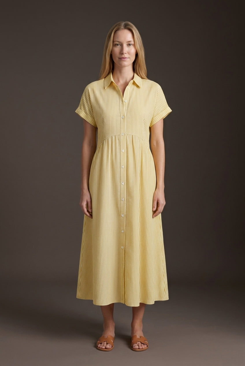 Elegant Cotton Maxi Dress for Women, Short-Sleeve Shirt Collar Button-Front Fitted Waist, for Summer, Vacation, Brunch &