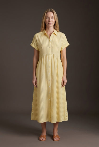 Elegant Cotton Maxi Dress for Women, Short-Sleeve Shirt Collar Button-Front Fitted Waist, for Summer, Vacation, Brunch &