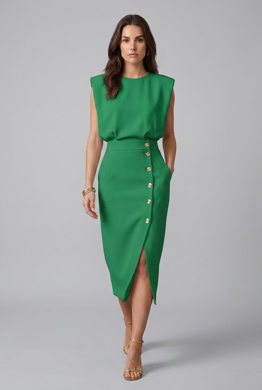 Elegant Midi Dress for Women, Sculpted Waist Side Slit Structured Shoulders, for Office, Events & Everyday Wear