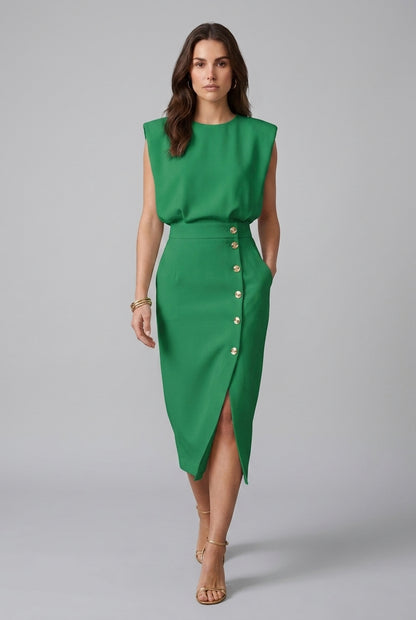Elegant Midi Dress for Women, Sculpted Waist Side Slit Structured Shoulders, for Office, Events & Everyday Wear